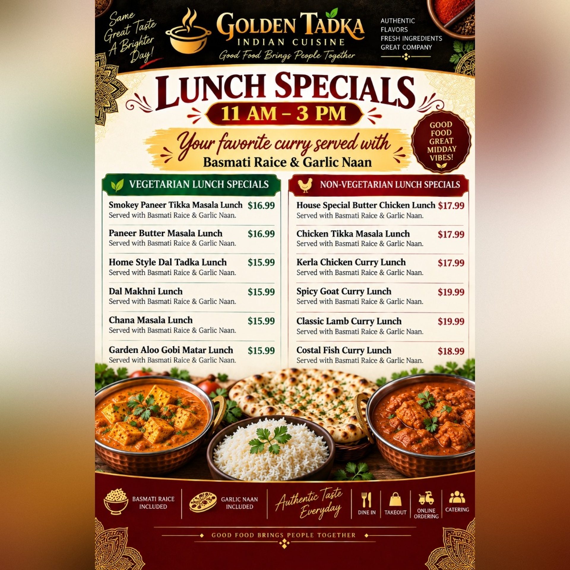 Spice Up Your Midday: New Lunch Specials at Golden Tadka! 🍛